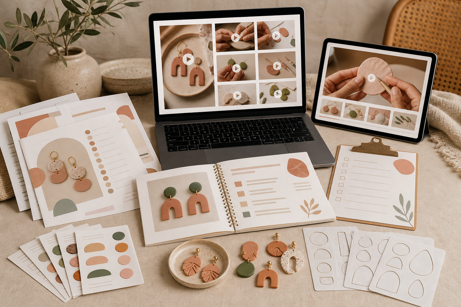 Digital course package mockup with videos, workbook, checklist, templates, and clay earrings