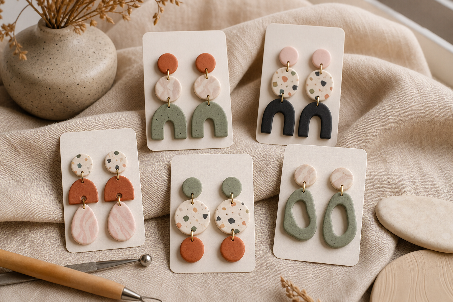 Boutique-looking polymer clay earring collection on linen